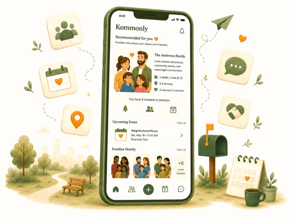 Illustrated phone showing a sample Kommonly app preview with recommended families and nearby events